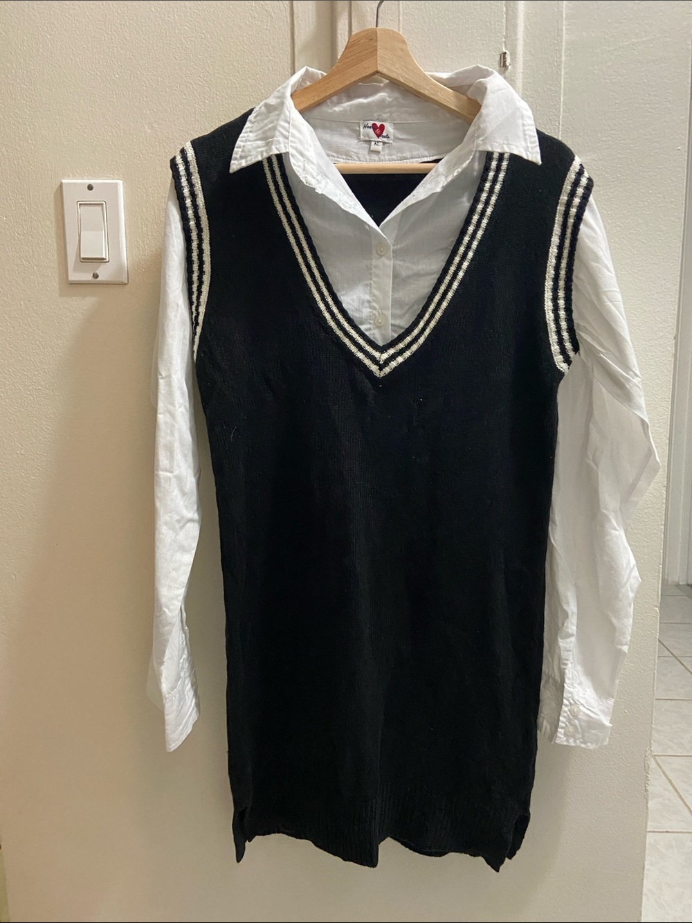 Black V-Neck Long Sleeve Tunic Dress with White Stripe Trim